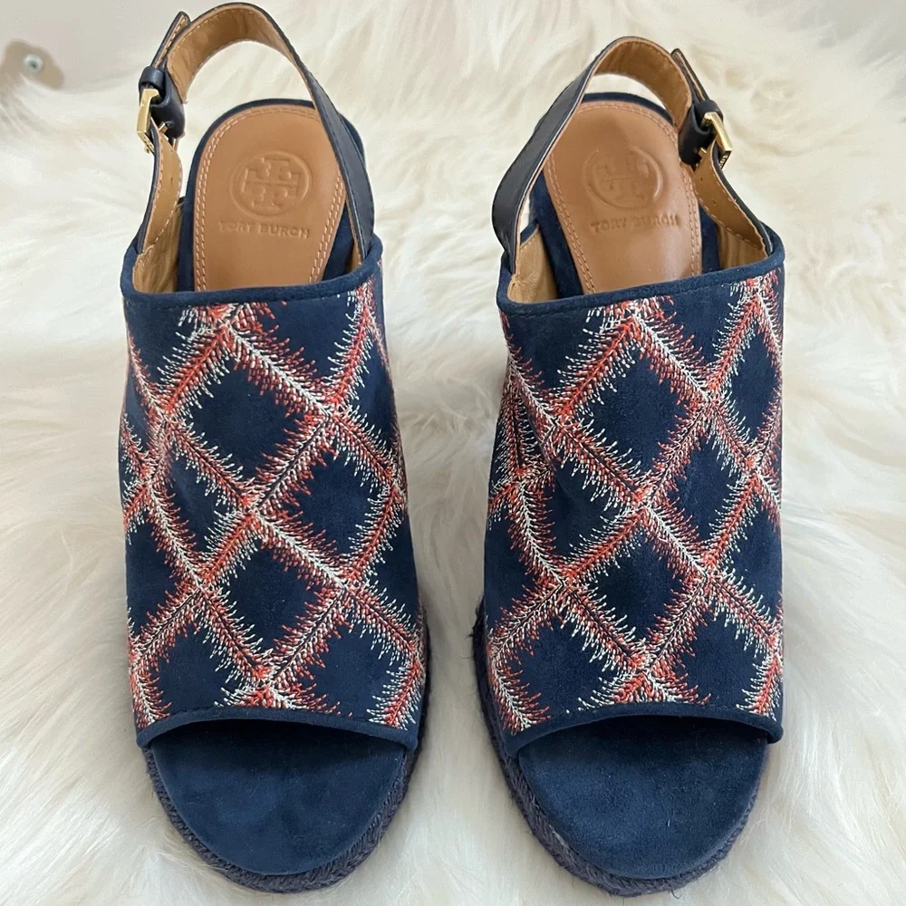 NEW Tory Burch Trinity Embroidered Navy Espadrille Heeled Slingback Sandal